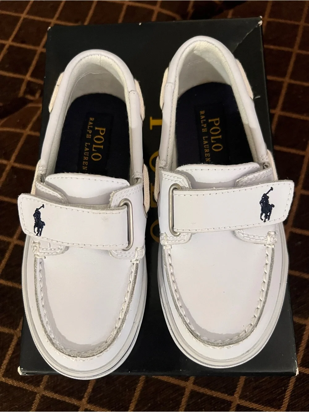 Ralph Lauren White Kids Moccasin Boat Shoes with Navy Polo Logo